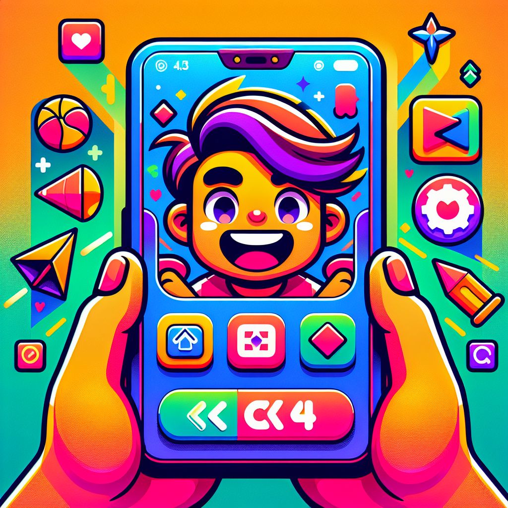 CK44 app themed cartoon character using a smartphone with gaming icons