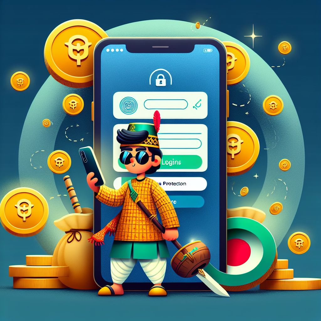 CK44 themed cartoon character using a secure mobile login screen with coins
