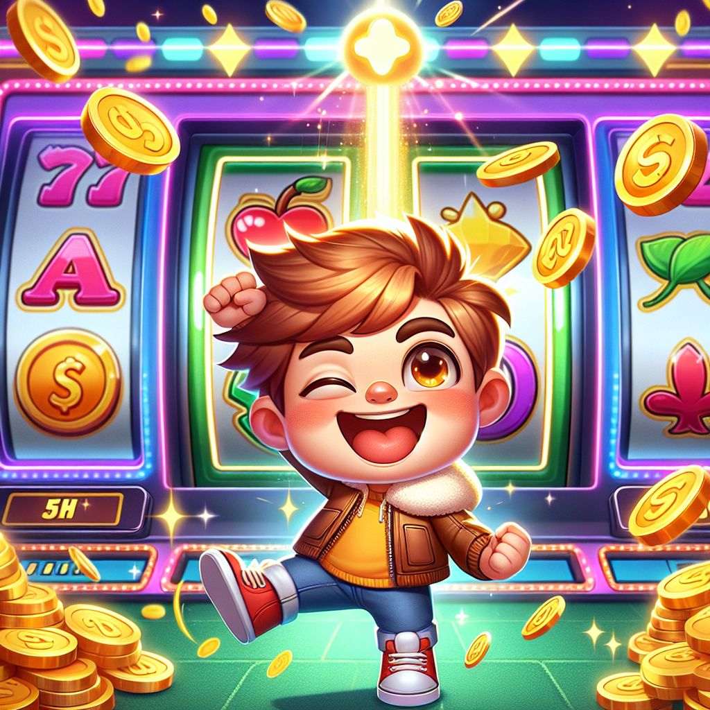 CK44 cartoon slot character with coins and reels in a colorful casino scene